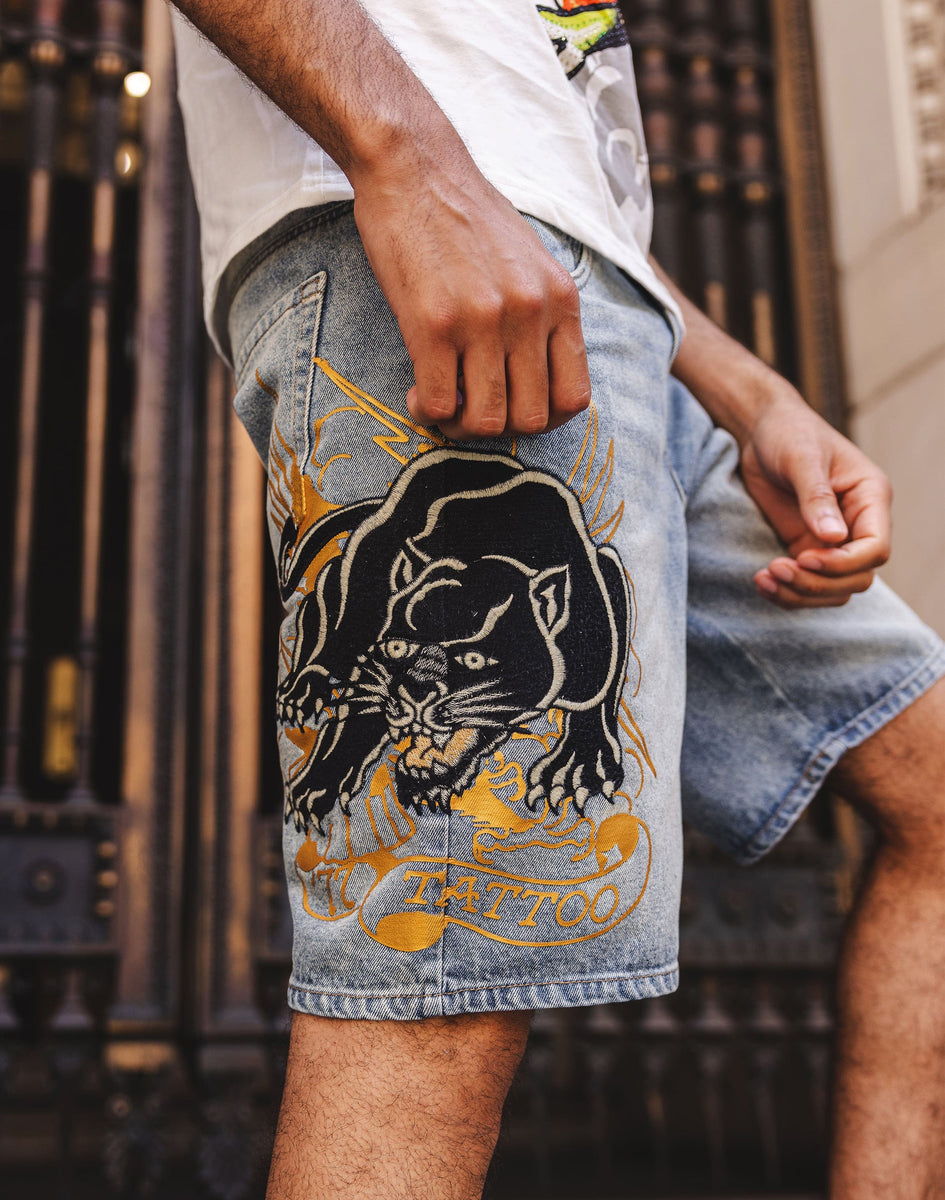 Ed shops Hardy Embroidered Tiger Denim Shorts