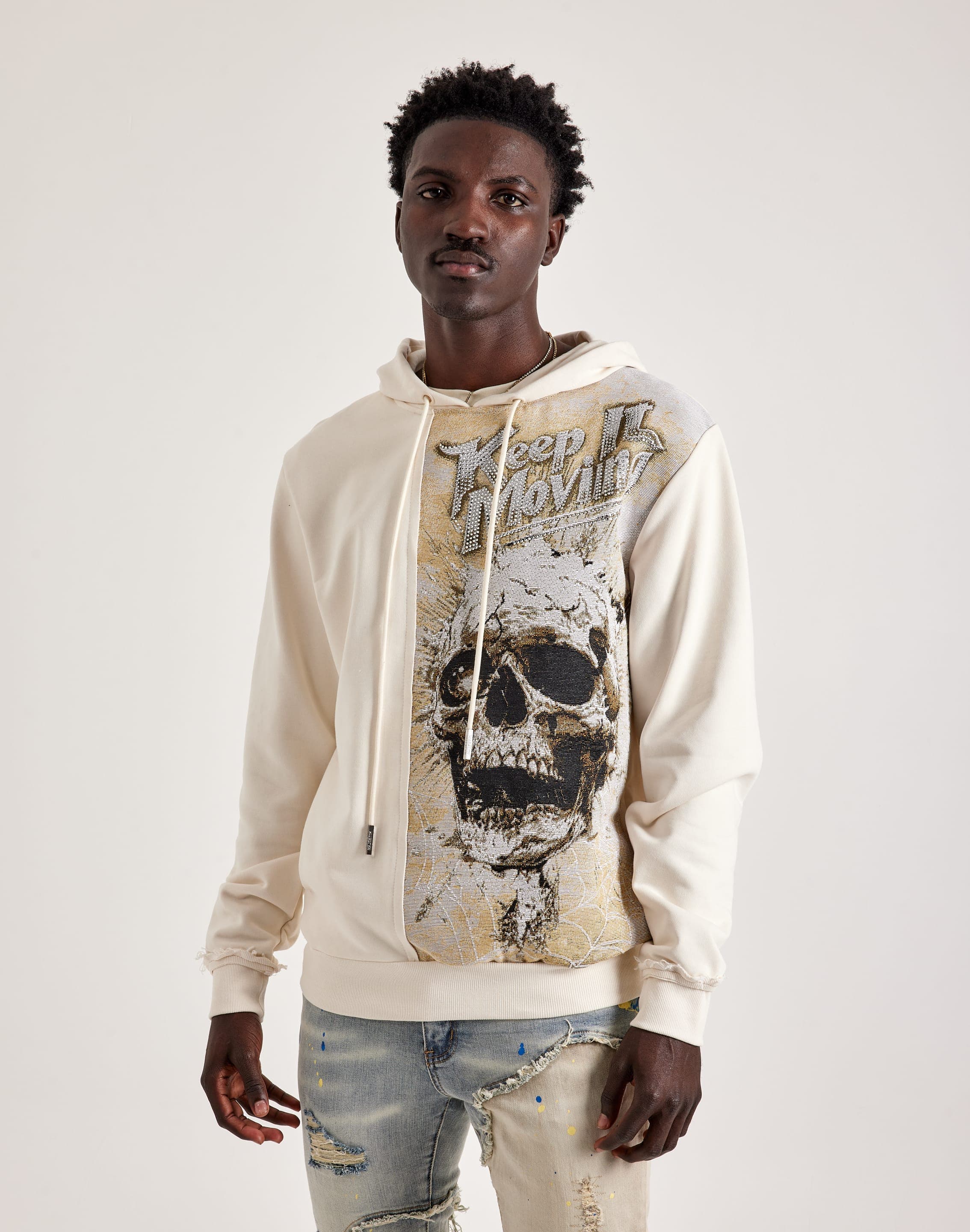 Majestik Men Majestik Skull Head Tapestry Mix Hoodie White SM