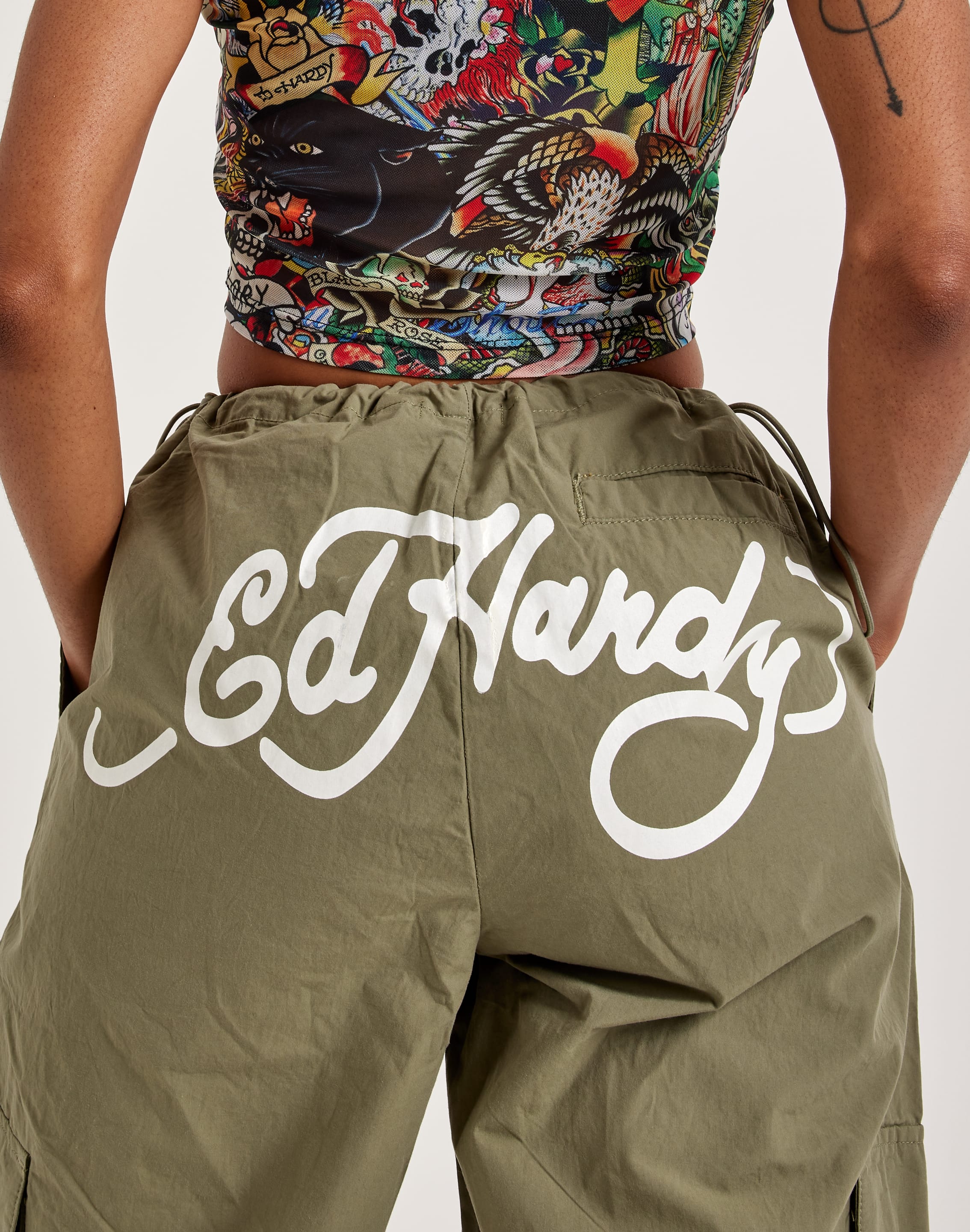 Ed Hardy Dragon Olive Green Cargo Parachute Pants