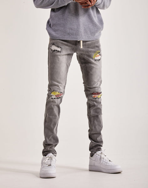 Letter Print Embroidery Slim Fit Ripped Jeans Men's Casual - Temu Germany