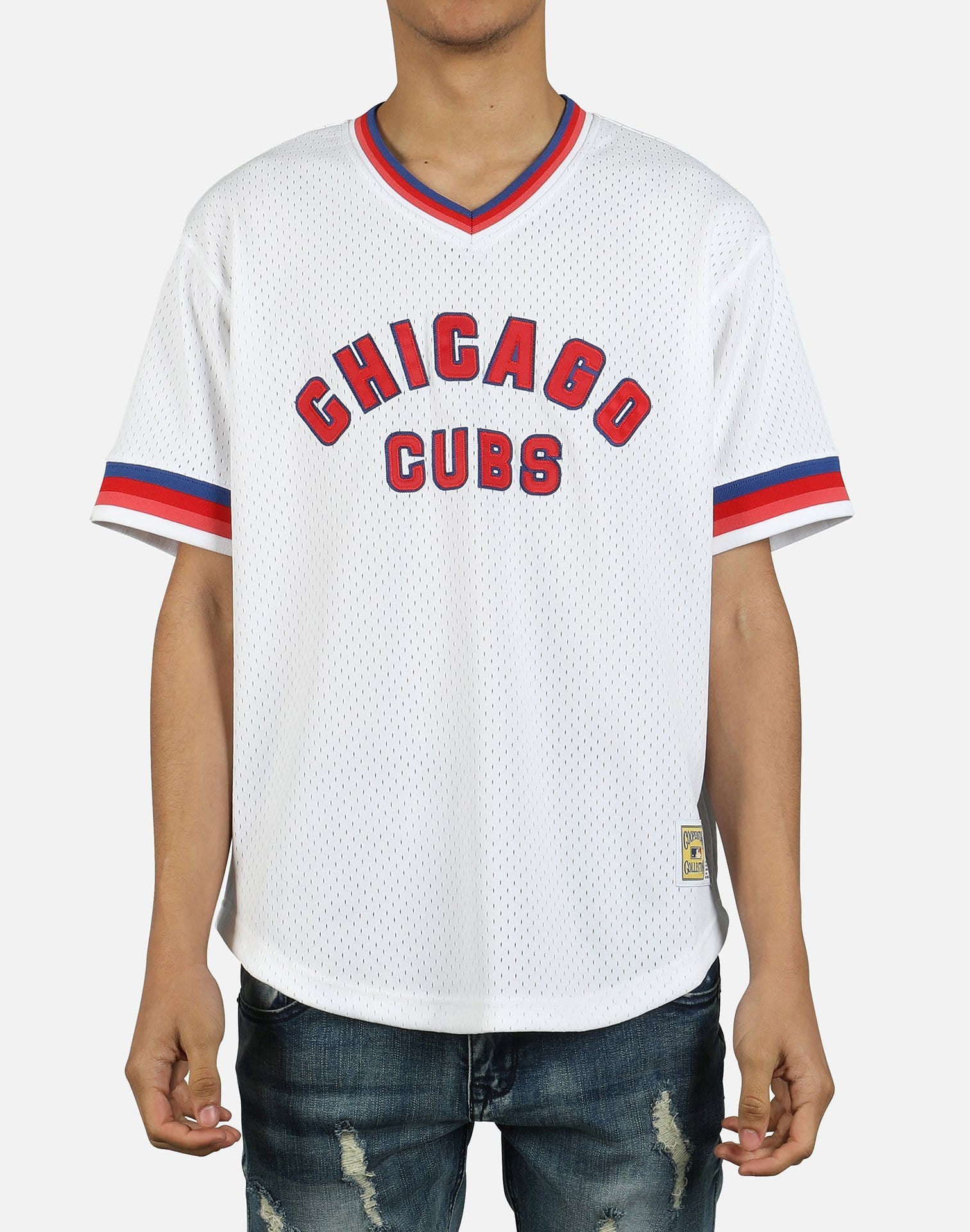 Men's Chicago Cubs Mitchell & Ness Navy Big & Tall Cooperstown Collection  Mesh Wordmark V-Neck Jersey