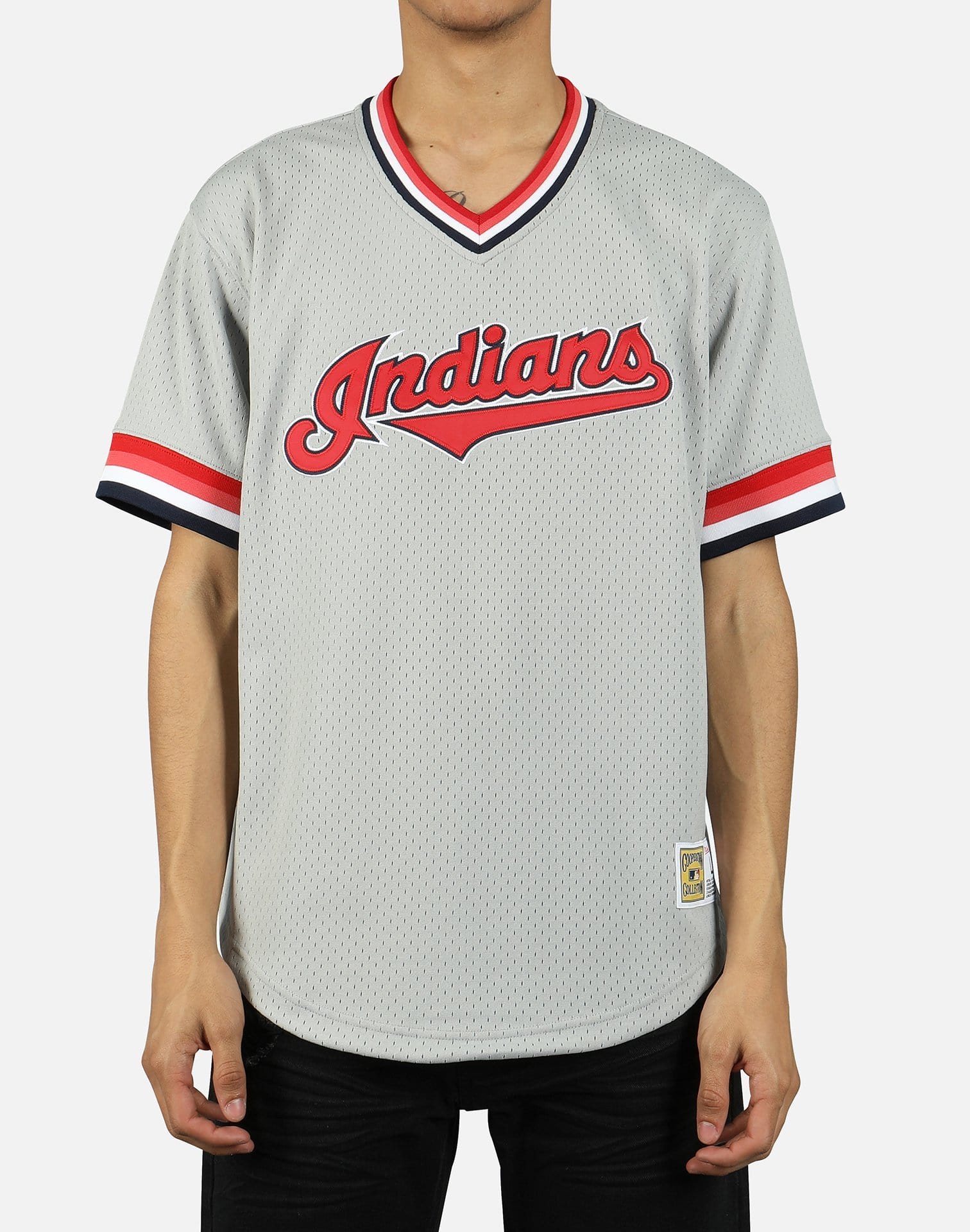 Cleveland Indians Mitchell & Ness Cooperstown Collection Mesh Wordmark  V-Neck Jersey - Gray
